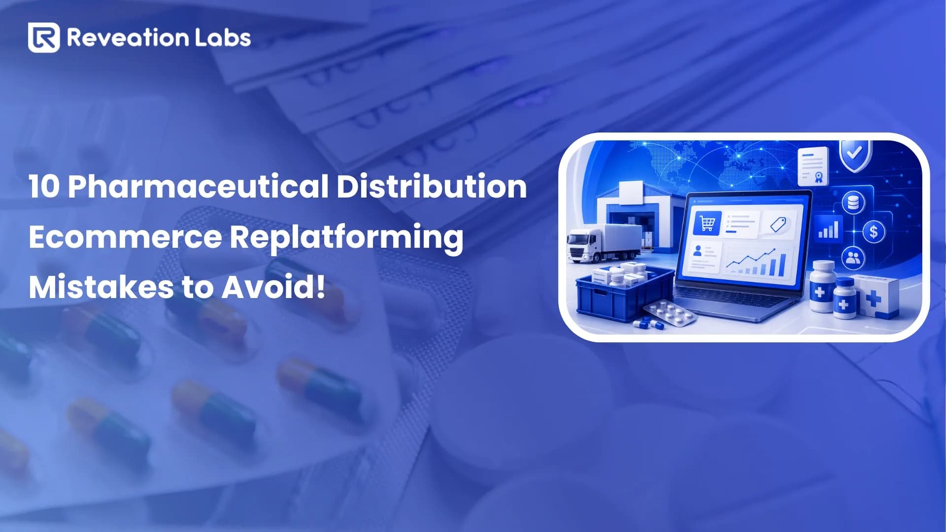 Pharmaceutical distribution ecommerce replatforming concept with ecommerce portal, warehouse, medical products, pricing, compliance, and connected enterprise systems
